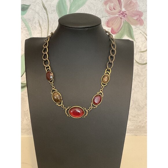 Vintage Avon Chain Necklace With Red & Brown Oval Stones - Picture 3 of 5